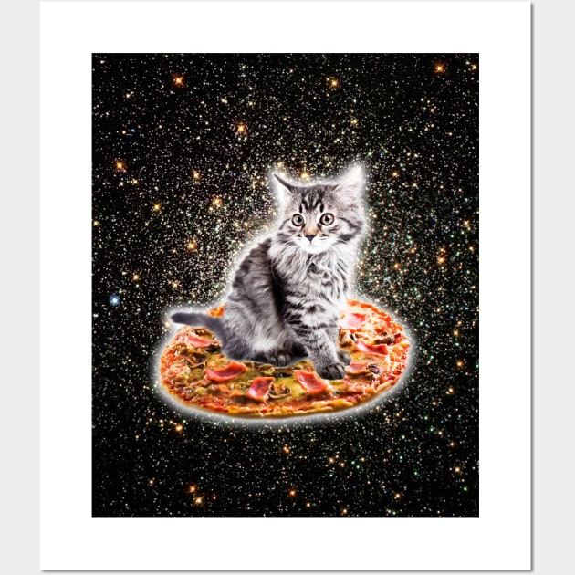 Galaxy Kitty Cat Riding Pizza In Space Wall Art by Random Galaxy